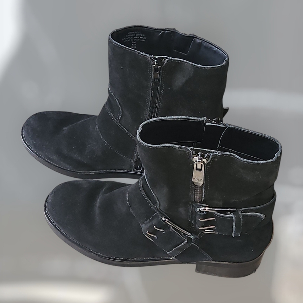 Marc Fisher Black Suede Boots Zip Side Silver Tone Buckles Womens 8M